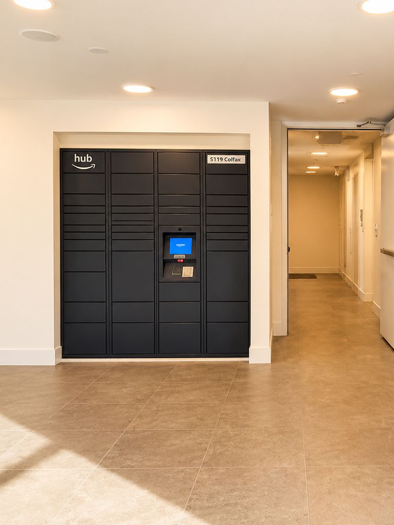 Amazon Hub package lockers in the lobby