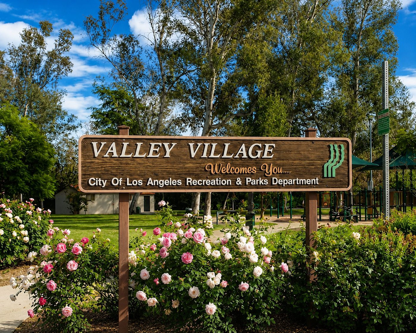 Valley Village neighborhood sign with roses