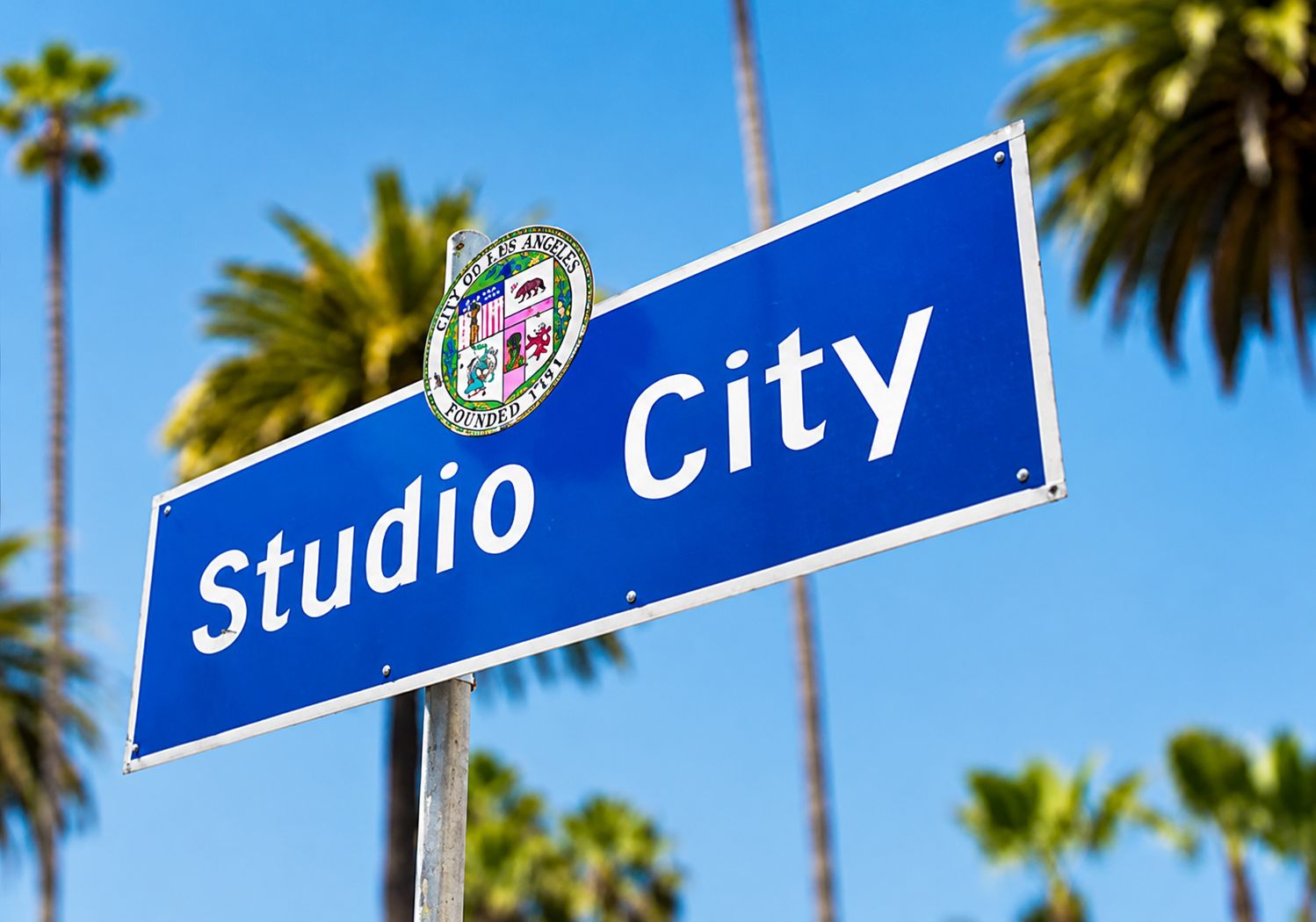 Studio City street sign framed by palm trees