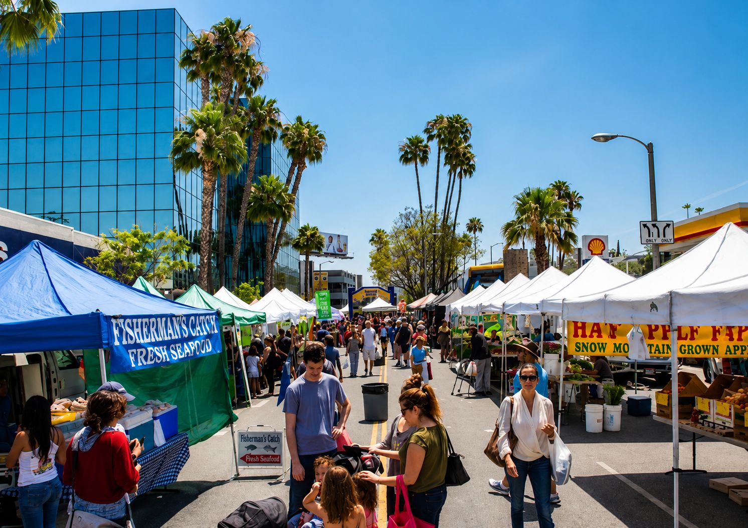 Farmers market stalls on a sunny day