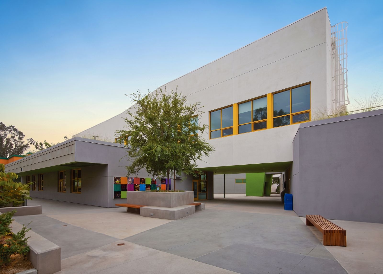 School campus courtyard at sunset